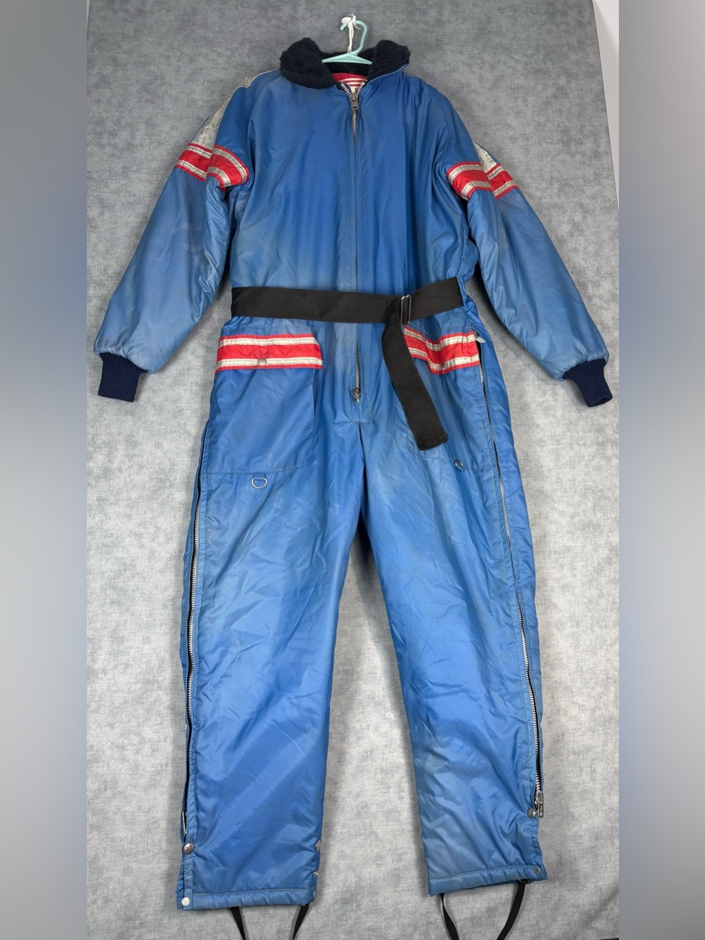 Vintage 70s UPC Snowmobile Ski Suit M USA Blue Red Belted Hooded Snowsuit